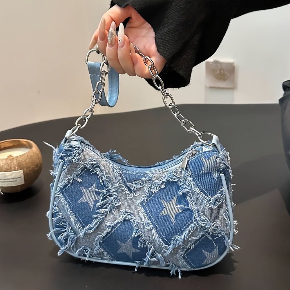 Women Tote Bag with Star Pattern Blue, Distressed Design, Golden-Tone Hardware Handbag for Stylish Everyday Use