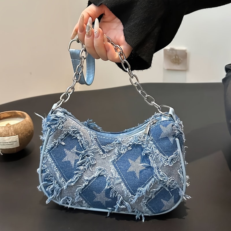 Women Tote Bag with Star Pattern Blue, Distressed Design, Golden-Tone Hardware Handbag for Stylish Everyday Use