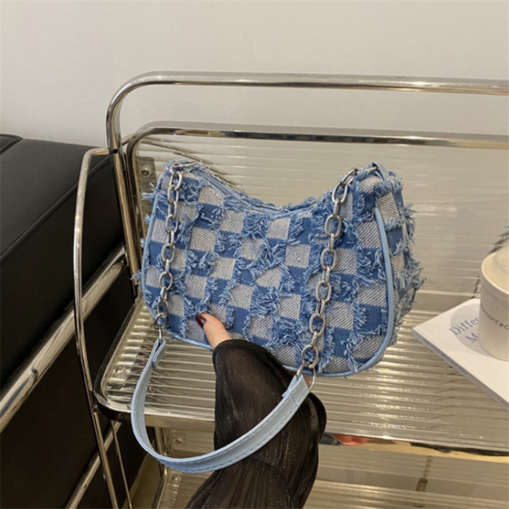 Women Tote Bag with Star Pattern Blue, Distressed Design, Golden-Tone Hardware Handbag for Stylish Everyday Use