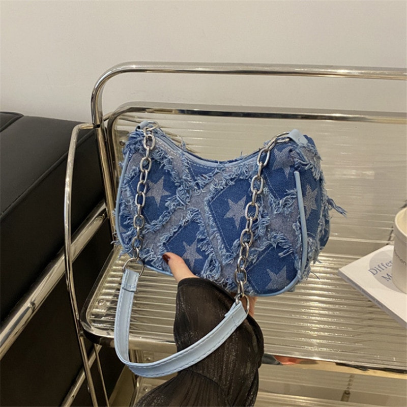 Women Tote Bag with Star Pattern Blue, Distressed Design, Golden-Tone Hardware Handbag for Stylish Everyday Use