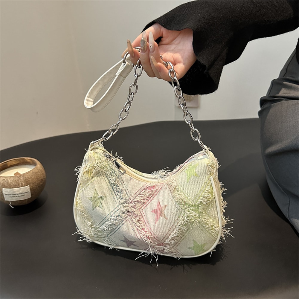 Women Tote Bag with Star Pattern Blue, Distressed Design, Golden-Tone Hardware Handbag for Stylish Everyday Use