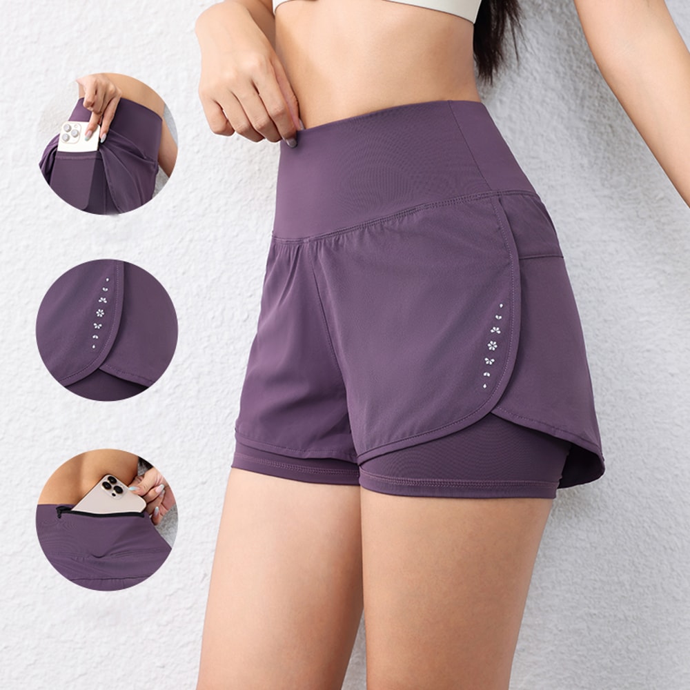 Sports Layer Elastic Waist QuickDrying Womens Running Shorts Active Shorts With Pockets Yoga Shorts 0