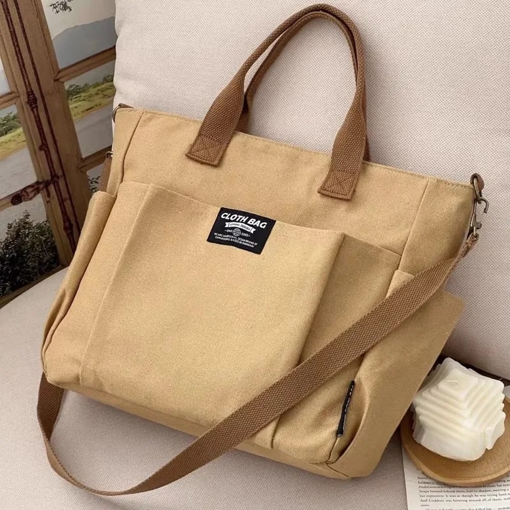 Large Capacity Canvas Tote Bag for Female Students, Horizontal Commuting Shoulder Crossbody Portable Tote