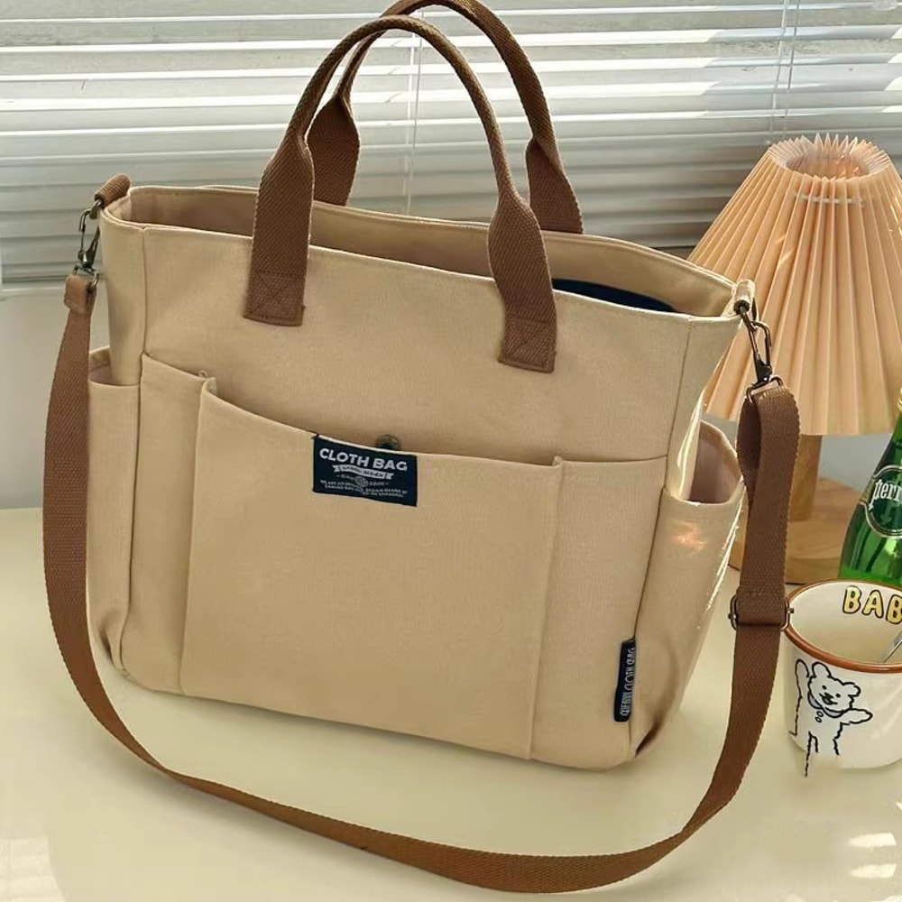 Large Capacity Canvas Tote Bag for Female Students, Horizontal Commuting Shoulder Crossbody Portable Tote