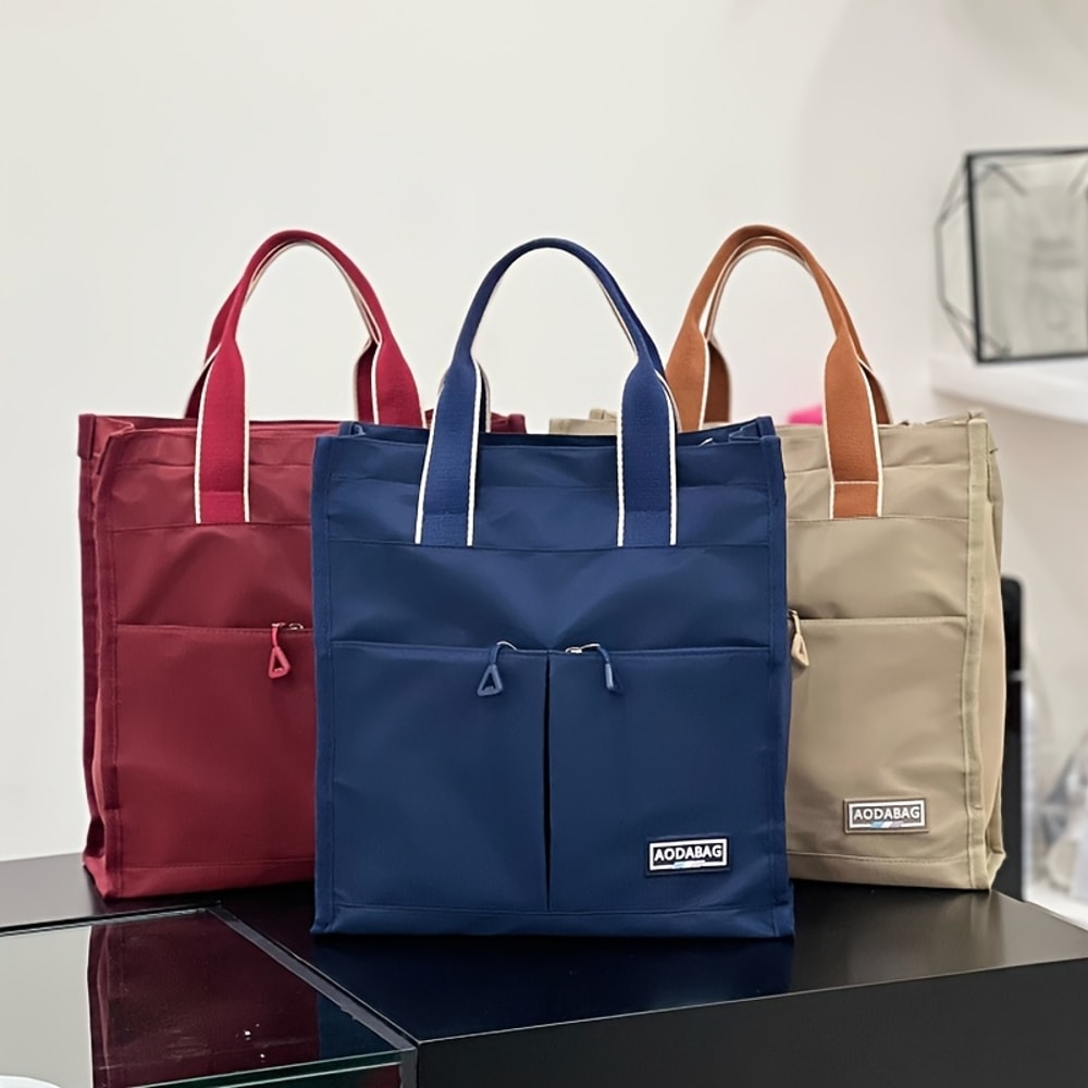 Multi-Pocket Zipper Closure School Work Bag, Large Capacity Nylon Tote Bag, Machine Washable for Students Books Lunch