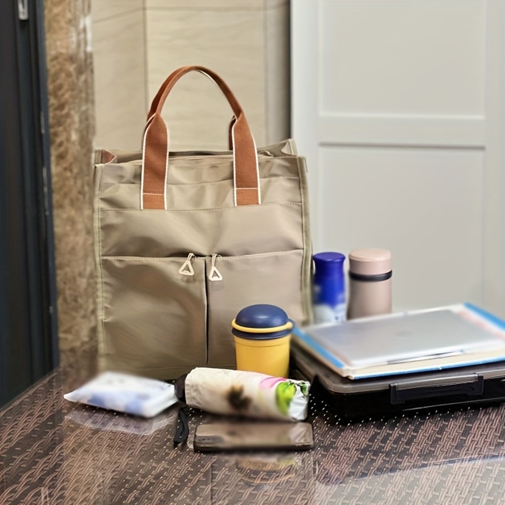 Multi-Pocket Zipper Closure School Work Bag, Large Capacity Nylon Tote Bag, Machine Washable for Students Books Lunch