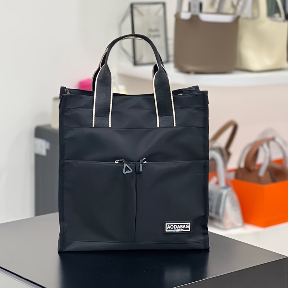 Multi-Pocket Zipper Closure School Work Bag, Large Capacity Nylon Tote Bag, Machine Washable for Students Books Lunch