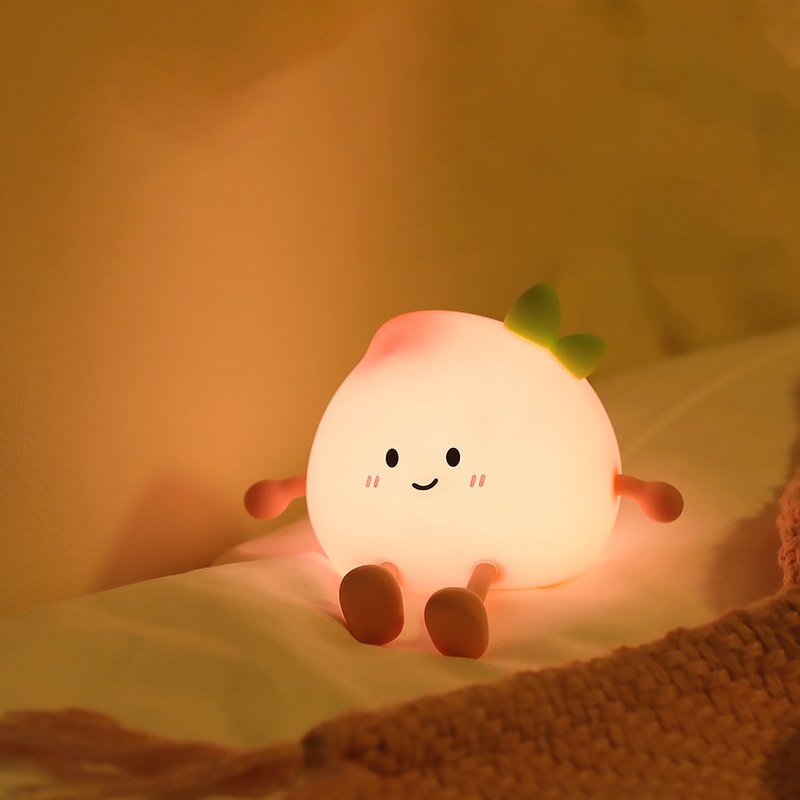 Rechargeable LED Nursery Nightlight With Tap Control Cute Silicone Peach Bedside Lamp 0