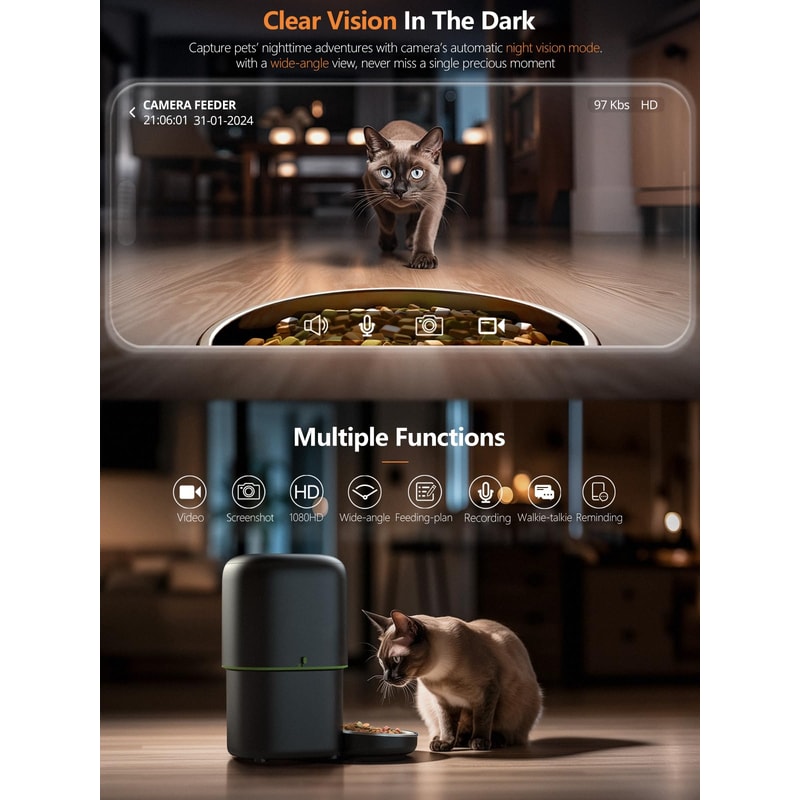 Automatic Smart Cat Feeder with Camera, WiFi-Enabled App Control for Cats & Dogs