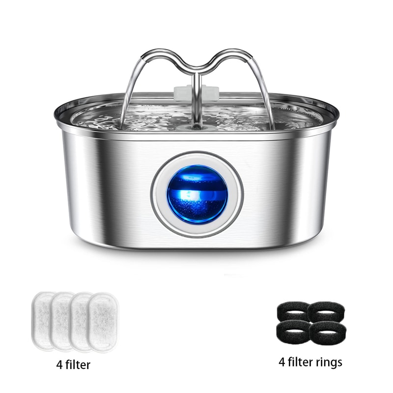 Stainless Steel Pet Water Fountain With LED Light Silent Pump 7