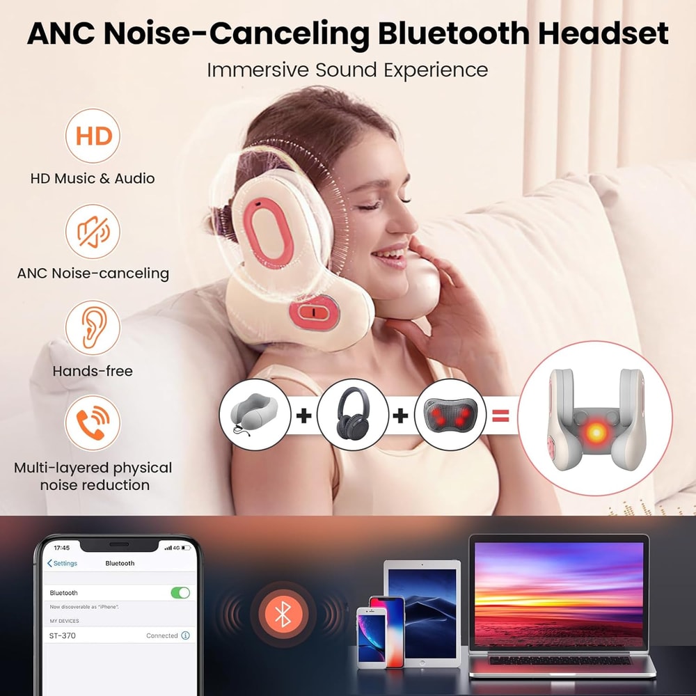 Wireless Neck Massager with Heat and Bluetooth Relaxing Neck Pillow Massager