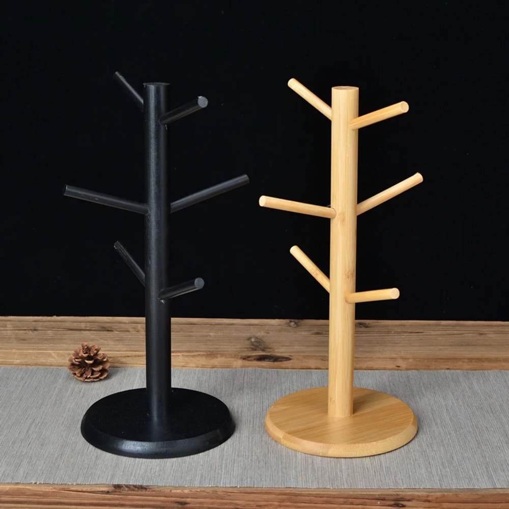 Bamboo Mug Rack with 6 Hooks, Tree-Shaped Coffee & Tea Cup Holder