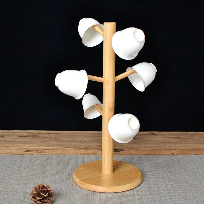 Bamboo Mug Rack with 6 Hooks, Tree-Shaped Coffee & Tea Cup Holder