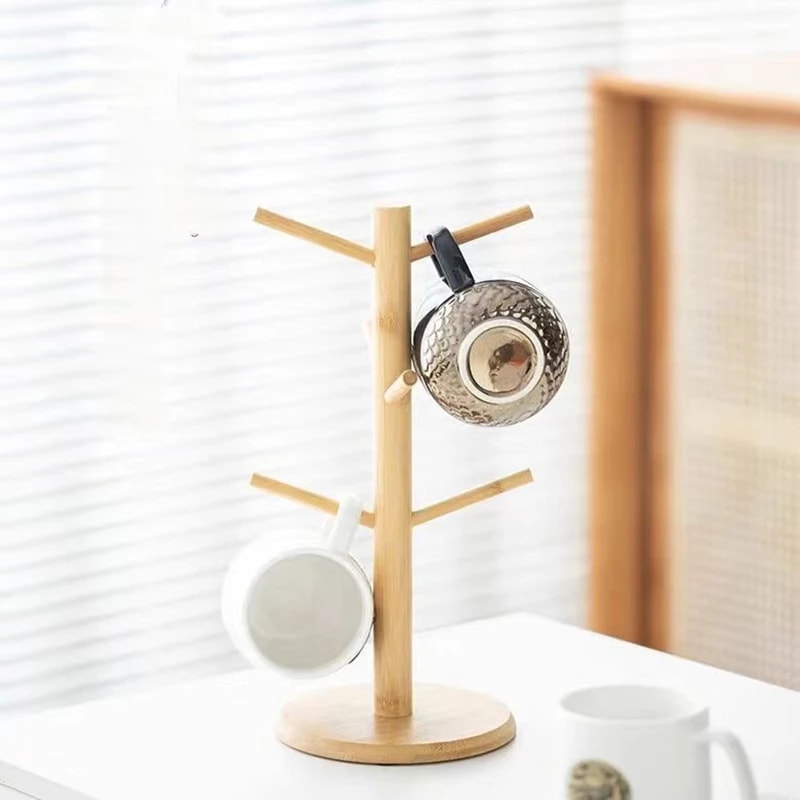 Bamboo Mug Rack with 6 Hooks, Tree-Shaped Coffee & Tea Cup Holder