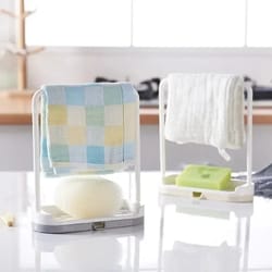 solid color kitchen storage rack, towel, sponge & soap holder organizer