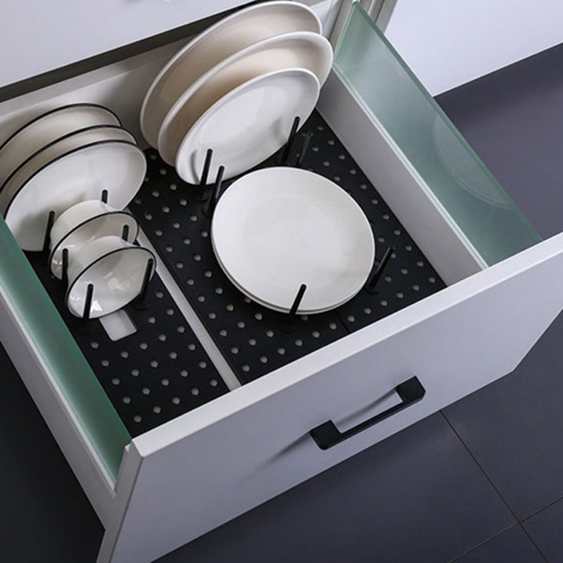 Adjustable Drawer Organizer for Kitchen, Retractable Tableware Rack & Dish Plate Storage