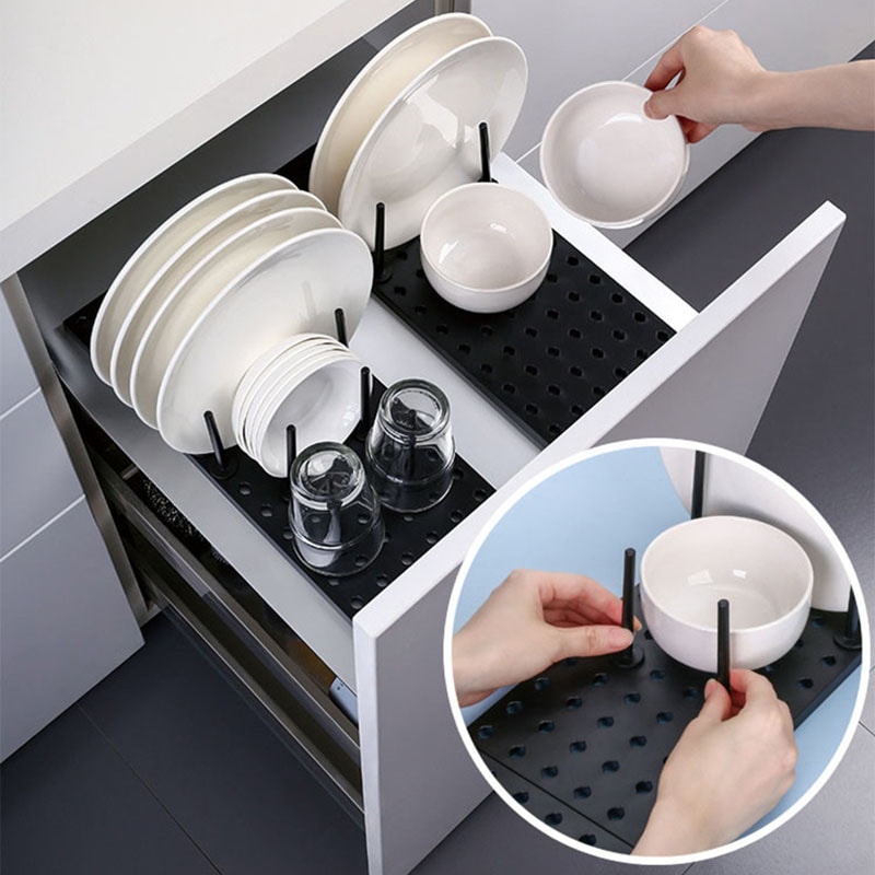Adjustable Drawer Organizer for Kitchen, Retractable Tableware Rack & Dish Plate Storage