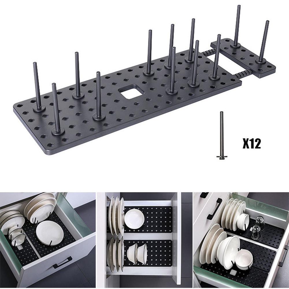 Adjustable Drawer Organizer for Kitchen, Retractable Tableware Rack & Dish Plate Storage