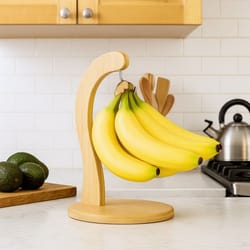 space-saving wooden banana holder with hanging hook, keep your fruit fresh