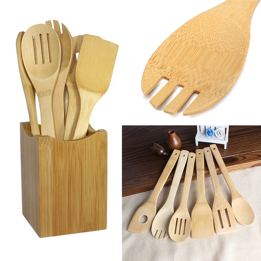 Bamboo Cooking Utensil Set, Wooden Spatula & Spoon Kit