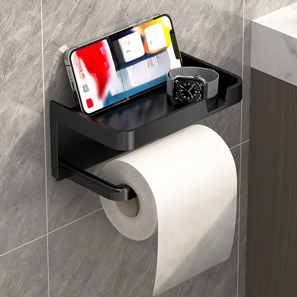 WallMounted Toilet Paper Holder With Phone Shelf No Drill Polypropylene Bathroom Organizer 6