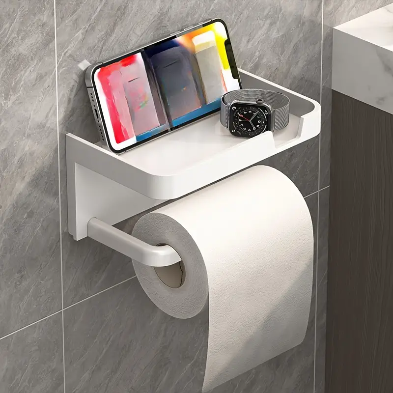 WallMounted Toilet Paper Holder With Phone Shelf No Drill Polypropylene Bathroom Organizer 7