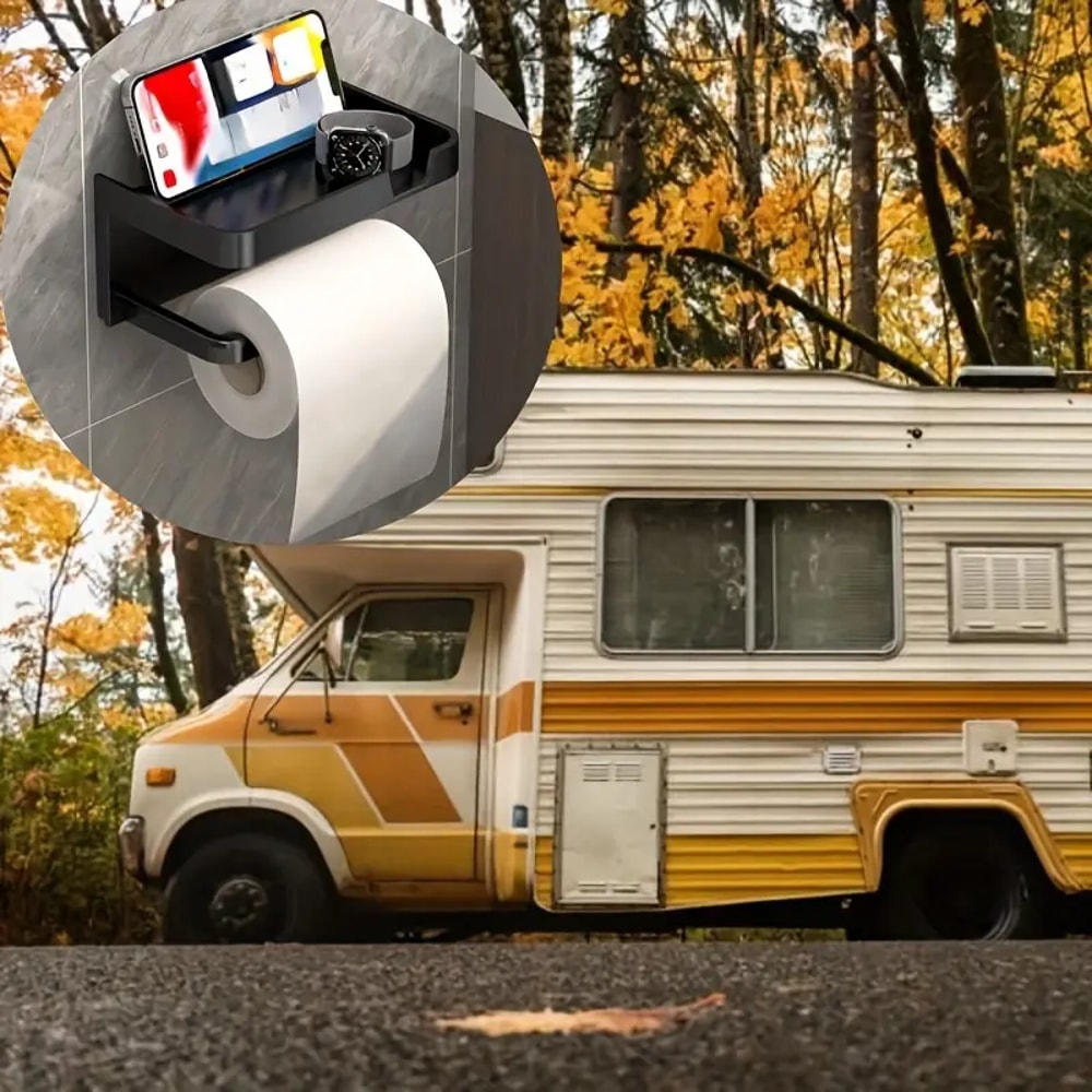 WallMounted Toilet Paper Holder With Phone Shelf No Drill Polypropylene Bathroom Organizer 4