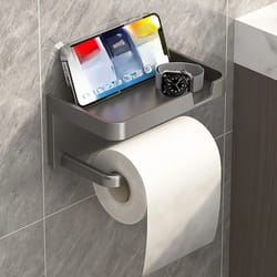 wall-mounted toilet paper holder with phone shelf, no drill, polypropylene bathroom organizer