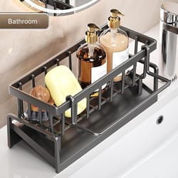 stainless steel faucet caddy, kitchen sink organizer with drain for dish soap, scrubbers & sponges