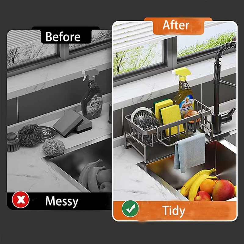 Stainless Steel Faucet Caddy Kitchen Sink Organizer With Drain For Dish Soap Scrubbers Sponges 1