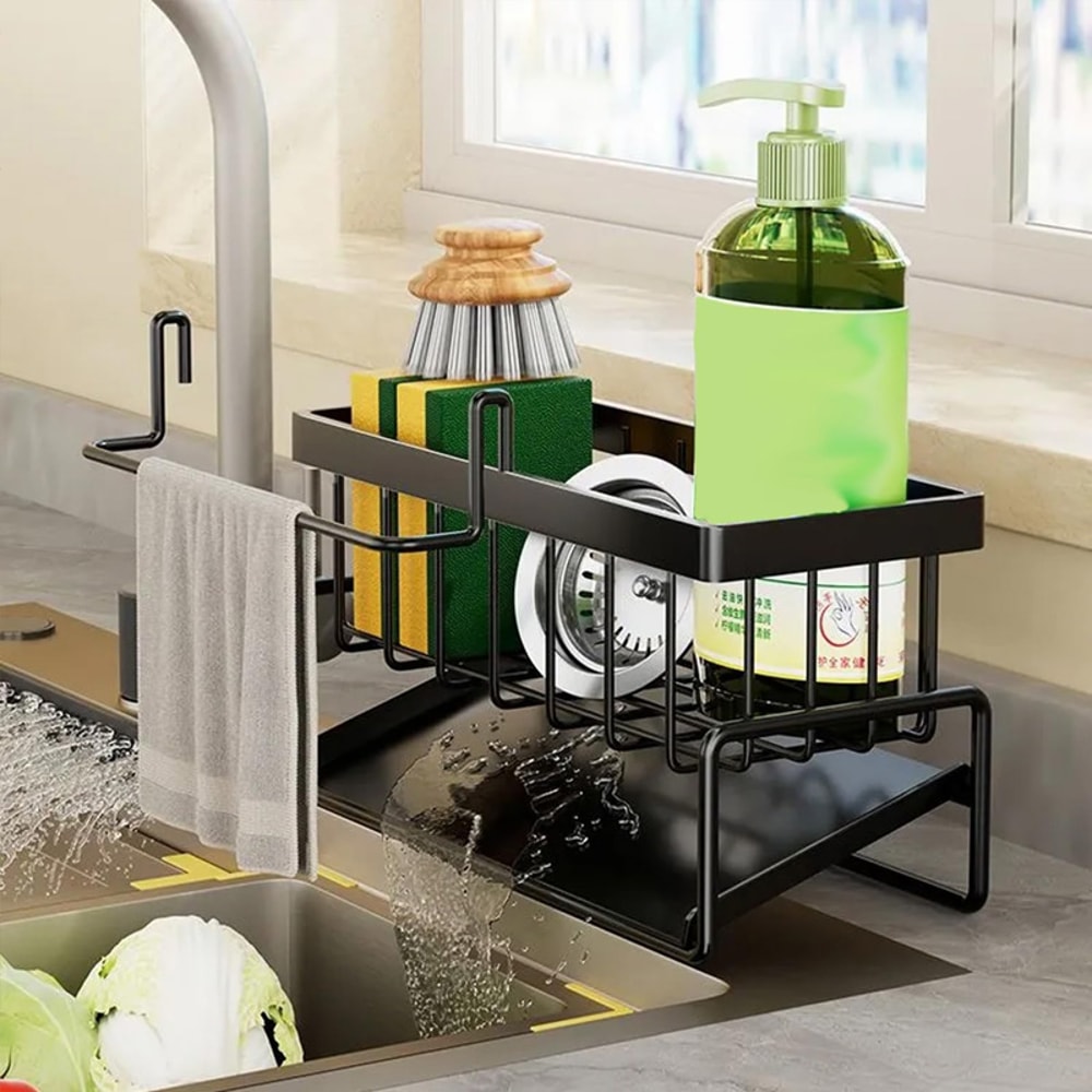 Stainless Steel Faucet Caddy Kitchen Sink Organizer With Drain For Dish Soap Scrubbers Sponges 2
