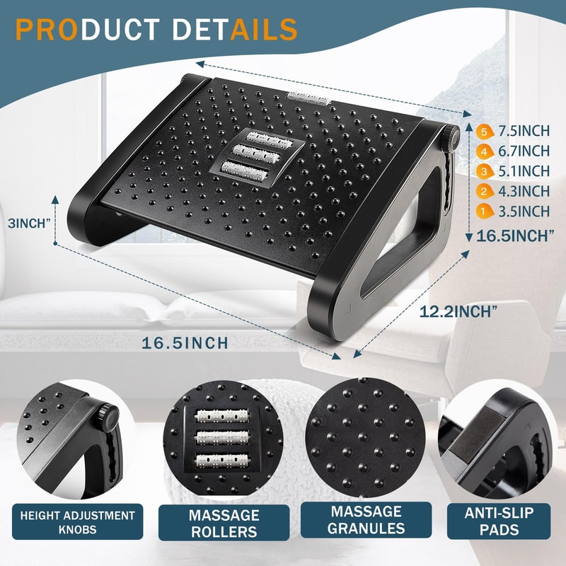 Ergonomic Under Desk Footrest with Massage Rollers for Pain Relief