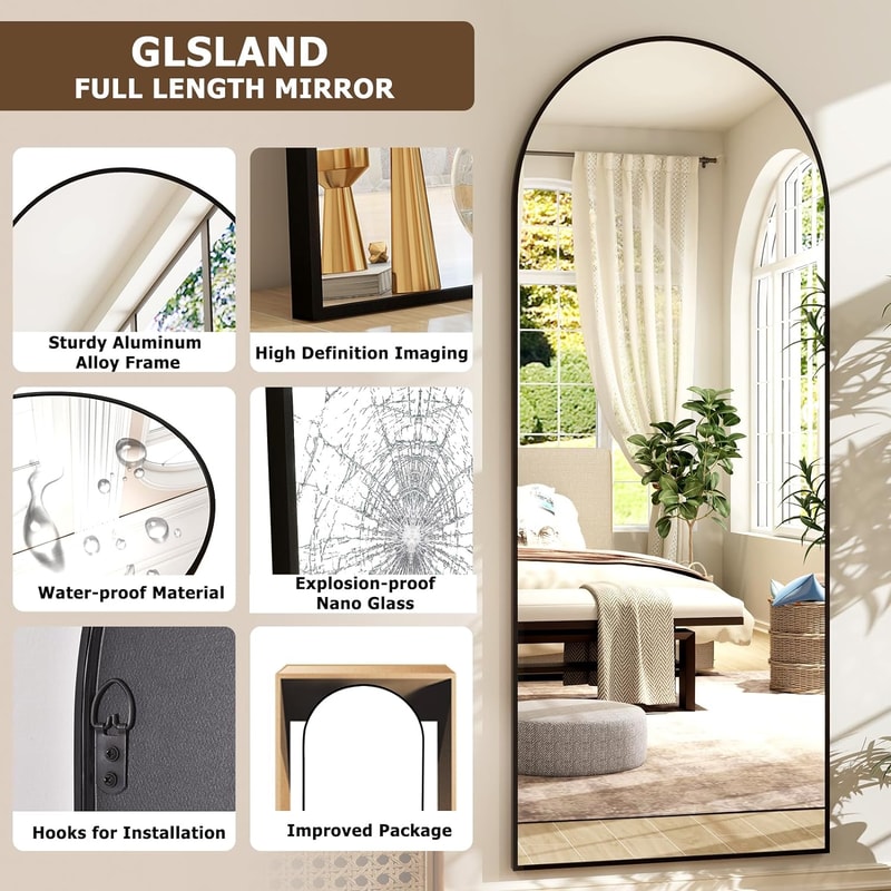 Arched Full-Length Mirror with Aluminum Alloy Frame, HD Body Mirror for Bedroom & Living Room