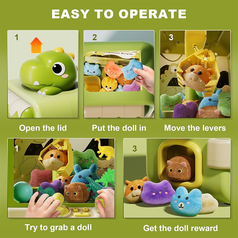 Dinosaur Mini Arcade Claw Machine Toy with Music and Adjustable Grabber for Kids Birthday Gift