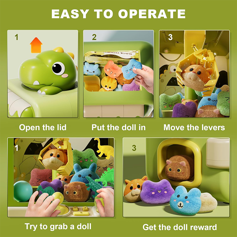 Dinosaur Mini Arcade Claw Machine Toy with Music and Adjustable Grabber for Kids Birthday Gift