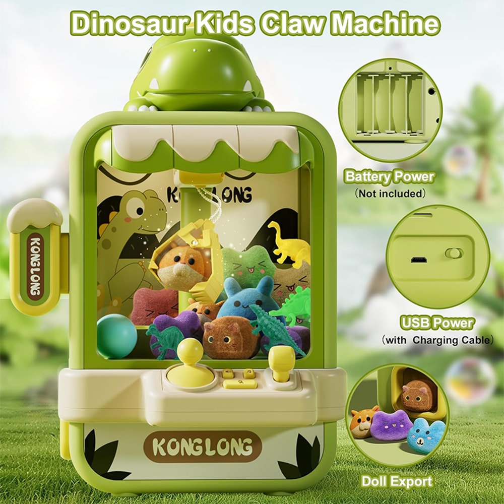 Dinosaur Mini Arcade Claw Machine Toy with Music and Adjustable Grabber for Kids Birthday Gift