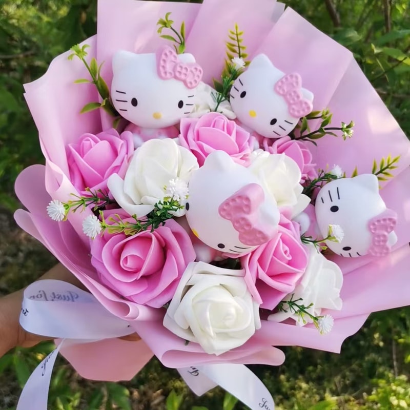 Anime Hello Kitty Plush Bouquet Artificial Rose Flowers Doll Perfect Valentines Day Wedding Decora 4