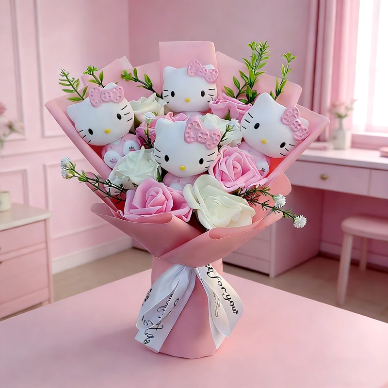 Anime Hello Kitty Plush Bouquet Artificial Rose Flowers Doll Perfect Valentines Day Wedding Decora 5