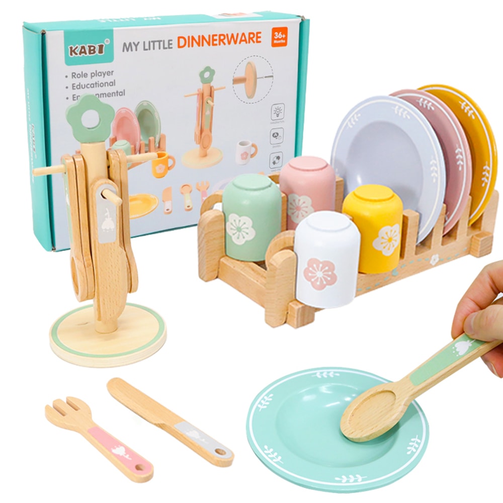 Wooden Kitchen Play Set For Toddlers Montessori Simulation Plates Dishes Accessories Gift Set 0