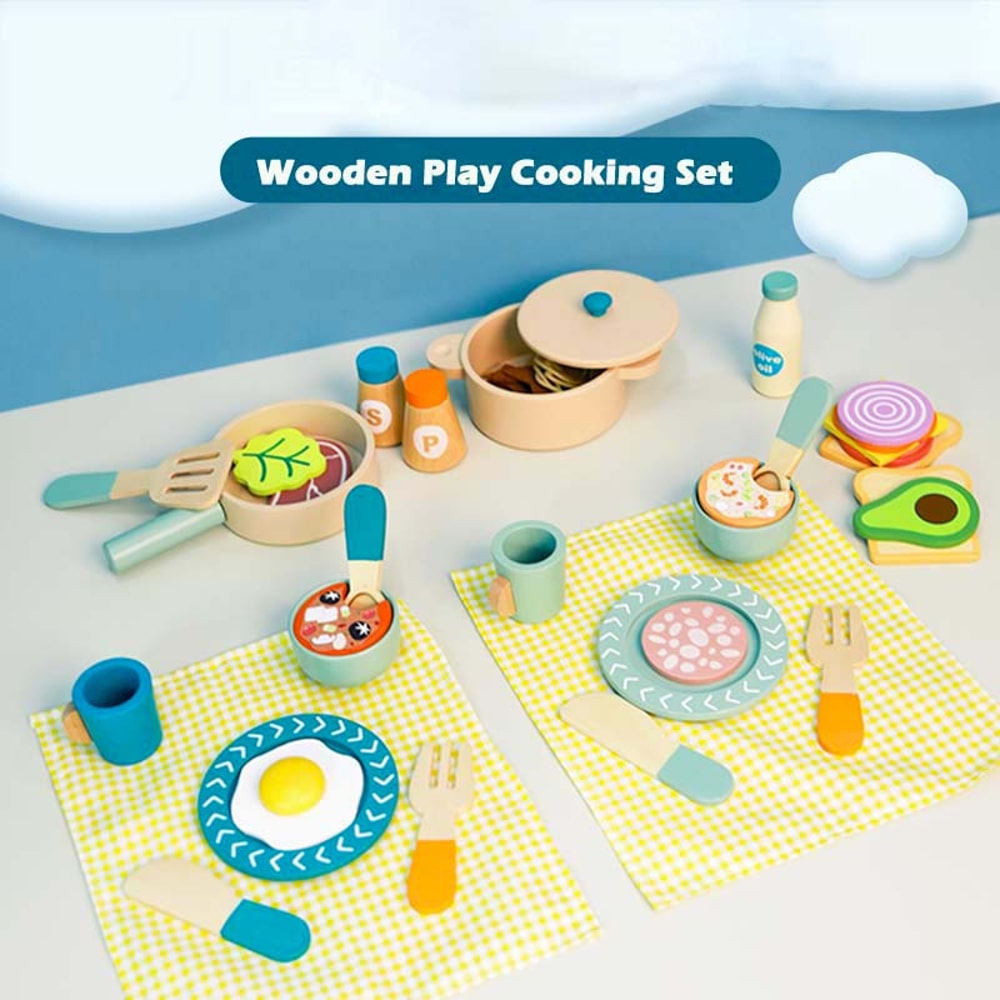 Wooden Kitchen Play Set For Toddlers Montessori Simulation Plates Dishes Accessories Gift Set 5