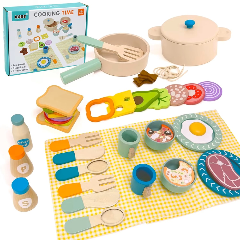 Wooden Kitchen Play Set For Toddlers Montessori Simulation Plates Dishes Accessories Gift Set 4
