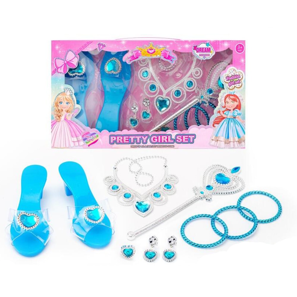Princess Jewelry Set For Girls Crystal Shoes Necklace Crown Earrings Bracelet Dress Up Role Play 0
