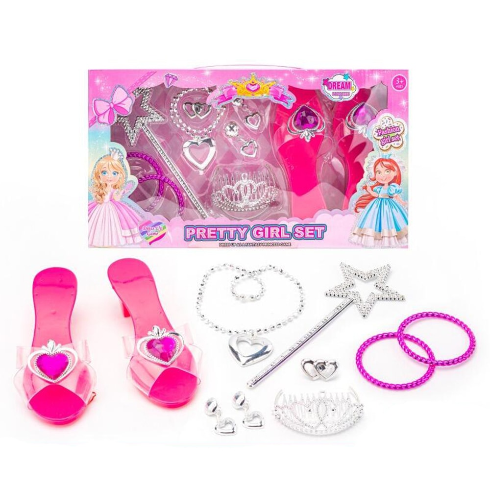 Princess Jewelry Set For Girls Crystal Shoes Necklace Crown Earrings Bracelet Dress Up Role Play 1