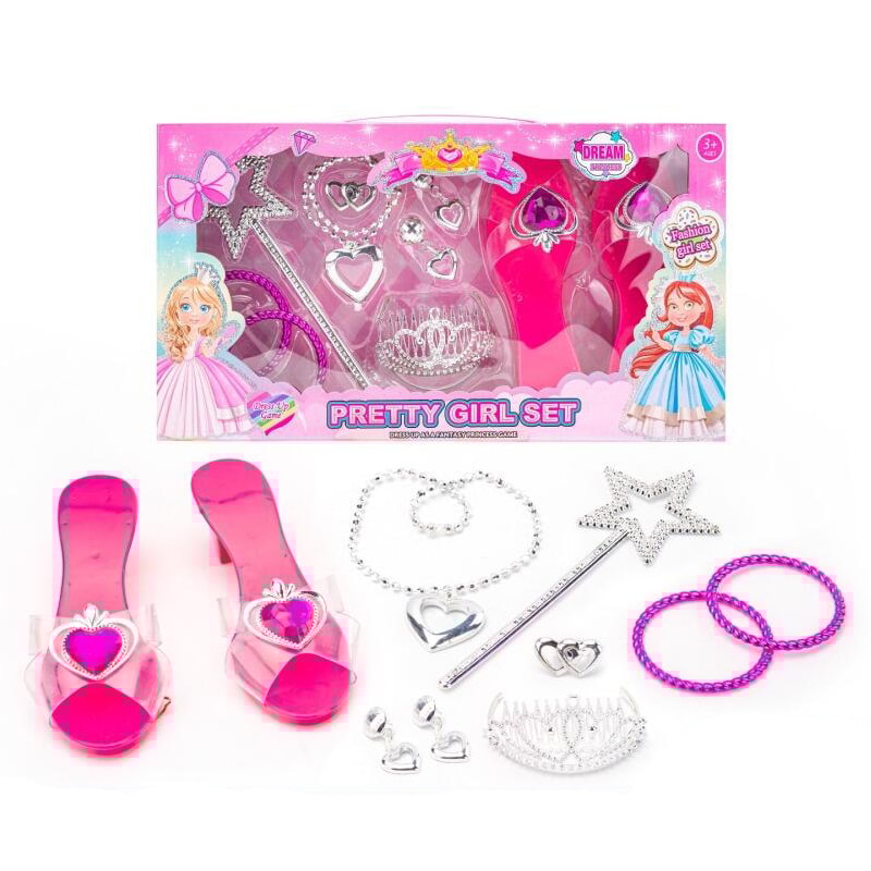 Princess Jewelry Set For Girls Crystal Shoes Necklace Crown Earrings Bracelet Dress Up Role Play 1