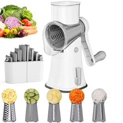 rotary cheese grater and vegetable slicer, mandoline shredder, nut chopper, and waffle cutter