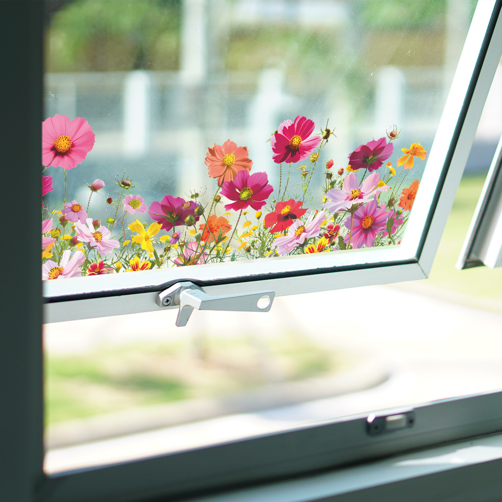 Beautiful Colorful Flowers Wall Stickers, Vibrant Self-Adhesive Glass Window Decor for Home, Room, or Office
