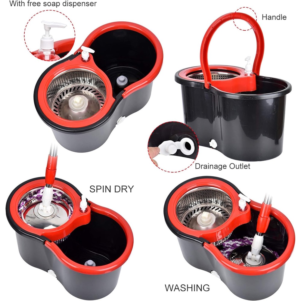Spin Mop Bucket Set With Wring System Microfiber Heads Stainless Steel Basket Extended Handle For 3