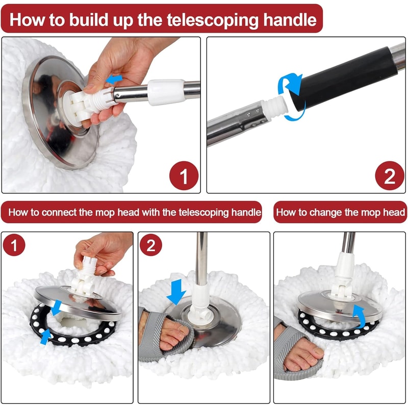 Spin Mop Bucket Set With Wring System Microfiber Heads Stainless Steel Basket Extended Handle For 4