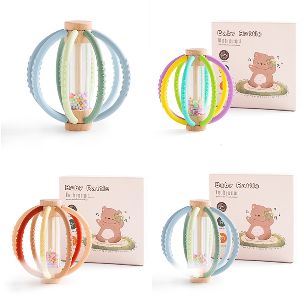 Wooden Rain Drum Baby Rattle With Silicone Teether Montessori Sensory Toy For Newborn Teething 1