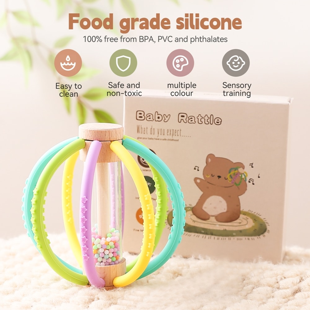 Wooden Rain Drum Baby Rattle With Silicone Teether Montessori Sensory Toy For Newborn Teething 2